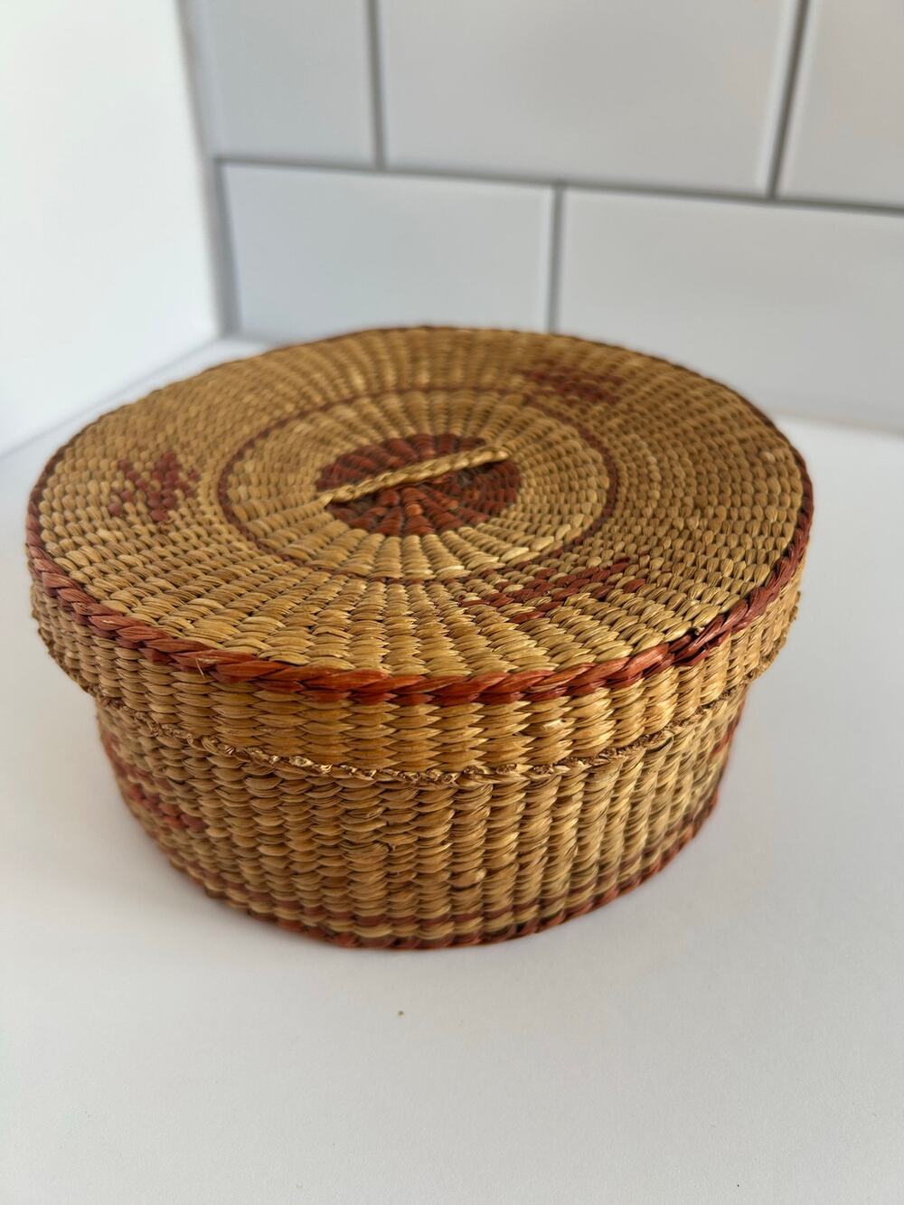 Woven Lidded Grass Basket 5.75” Wide Natural Fiber Round Basket